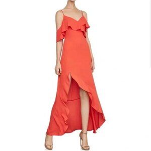 NEW BCBGMaxAzria Womens 0 Red Orange Spaghetti Strap Asymmetrical Ruffle Dress